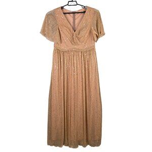 Womens Unit Horse Sequin Embellished Gold Maxi Dress Short Sleeves V Neck XXL